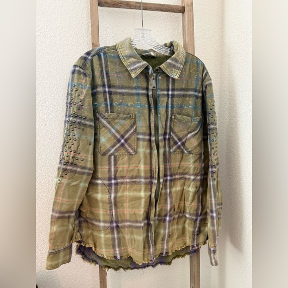 Free People Green and Blue Distressed Flannel Shacket - Picture 2 of 9